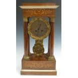 Early to mid 19thC French inlaid rosewood four pillar mantel clock, the brass dial with Breguet