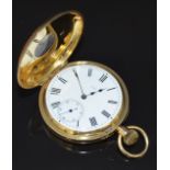 Unnamed 18ct gold keyless winding half hunter pocket watch with inset subsidiary seconds dial, blued