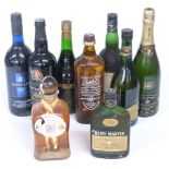 Nine bottles of mixed wine and spirits including three of brandy, Remy Martin, Camus Napoleon Cognac