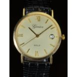 Swiss 9ct gold gentleman's wristwatch with date aperture, gold hands, Roman numerals and baton