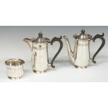 Walker & Hall hallmarked silver bachelor's teapot, hot water jug and sugar bowl, Sheffield 1957,