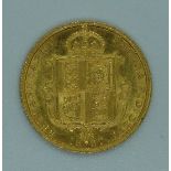 1887 Queen Victoria gold half sovereign, Jubilee head, shield reverse
