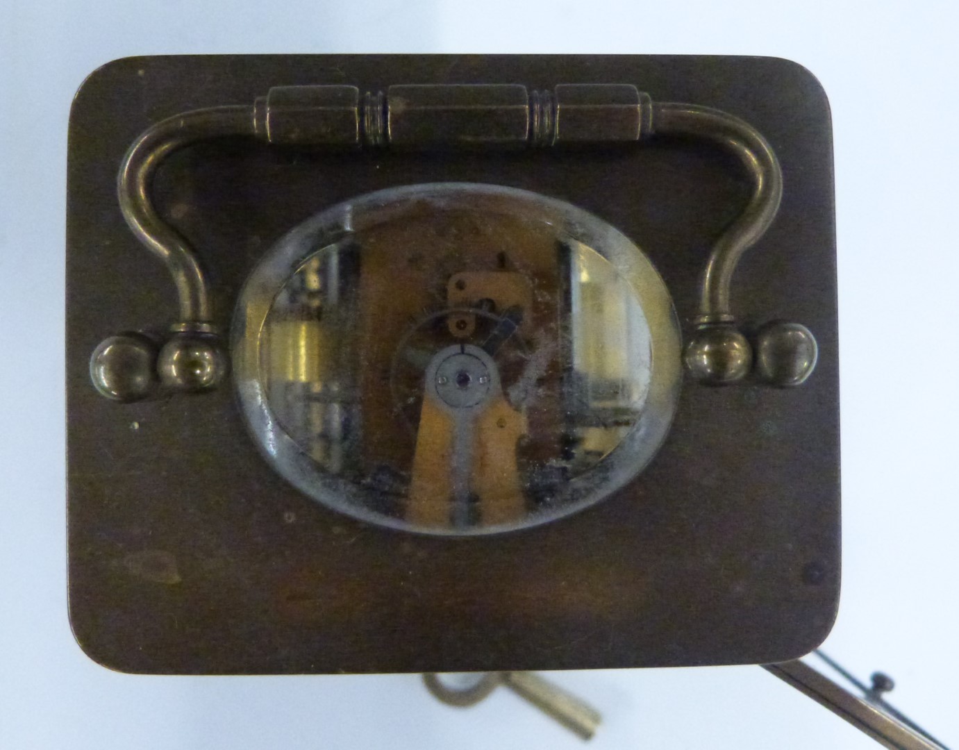 Brass carriage clock with alarm function, stamped ACG inside with Roman numerals to the enamelled - Image 6 of 6