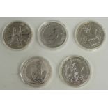 Five 1oz silver Britannia coins, 2006, 2007, 2009, 2011 and 2013