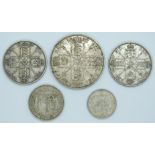 Five Queen Victoria Jubilee head coins for 1887 comprising crown, two florins, shilling and sixpence