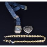 A 9ct gold watch, section of 9ct gold chain, 2.5g, and 9ct gold back and front locket