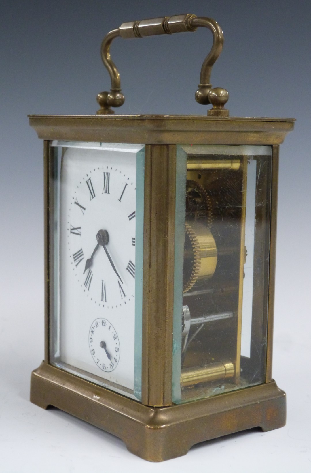 Brass carriage clock with alarm function, stamped ACG inside with Roman numerals to the enamelled - Image 3 of 6