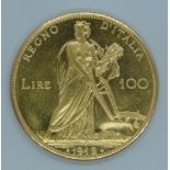 Vittorio Emanuele III 1912 gold 100 lire coin, 32.32g