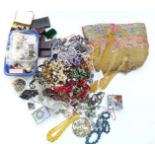 A collection of costume jewellery including vintage jewellery boxes, silver brooch, beaded