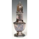 Modern octagonal hallmarked silver sugar caster of baluster form, height 21cm, weight 242g