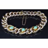 Edwardian 9ct gold curb link bracelet set with three turquoise cabochons, 18.6g