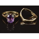 A 9ct gold ring set with an amethyst, 2.6g, size R, and a 9ct gold ring, 1.3g, size K