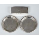 Two hallmarked silver pin dishes and a small Edward VII hallmarked silver snuff or travelling box,