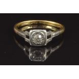 Art Deco 18ct gold ring set with a diamond in a square platinum setting, size J, 1.9g