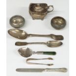 Hallmarked silver mustard and two fiddle pattern spoons, all marked West & Son of Dublin, caddy or