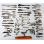 Quantity of hallmarked silver handled items, mounts, plated spoons and various collectables