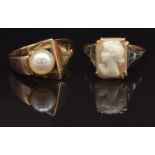 A 9ct gold ring set with a cameo, size L and a 9ct gold ring set with a pearl, size M, 6.3g