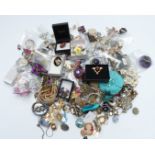 A collection of brooches including micro mosaic, enamel, rhinestone, marcasite, vintage, etc