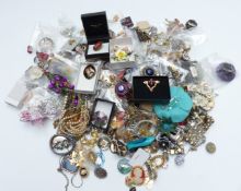 A collection of brooches including micro mosaic, enamel, rhinestone, marcasite, vintage, etc