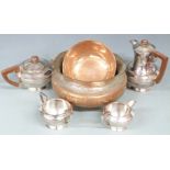 SIlver plated Walker and Hall four piece teaset and Eastern copper bowls with geometric
