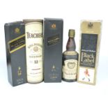 Five bottles of whisky comprising Slaintheva 75cl 70 proof 40% vol, Teacher's 1 litre 43% and