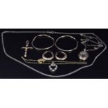 Two pairs of 9ct gold earrings, two 9ct gold pendants and a 9ct gold pendant and chain, 7.2g