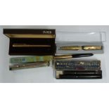 Four fountain pens comprising Waterman Ideal in original box, Onoto and two Parker examples, one