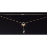 Edwardian 9ct gold necklace set with oval and pear cut aquamarines and seed pearls, 5g, length 42cm