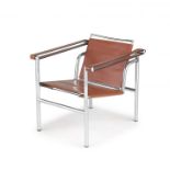 An LC1 leather and chrome armchair designed in 1928 by Le Corbusier, Pierre Jeannert and Charlotte P