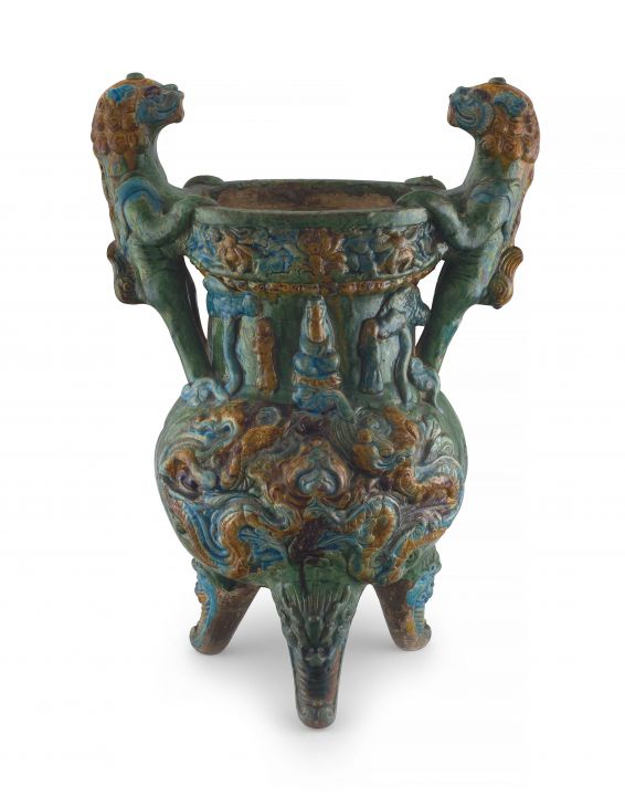 A Chinese sancai-glazed earthenware two-handled vessel, Ming Dynasty