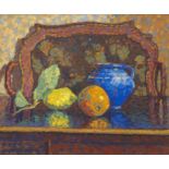 Maggie Laubser; Still Life with an Orange, a Lemon, Pot and Tray