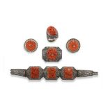 Chinese carved coral and silver bracelet, earrings, ring and brooch