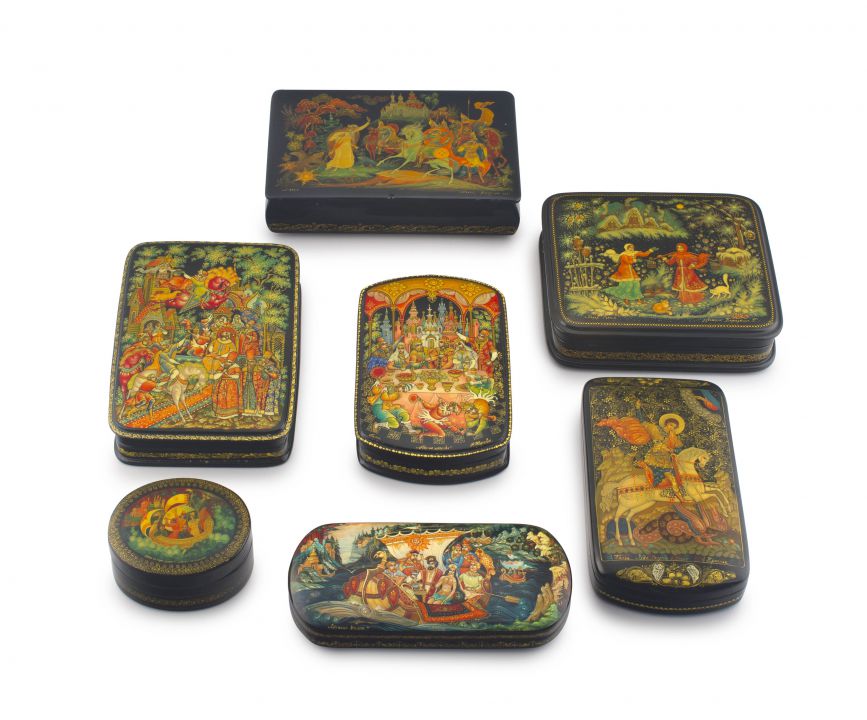 Seven lacquered papier-mÃ¢chÃ© boxes, Palekh workshop, Russia, 20th century