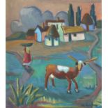 Maggie Laubser; Landscape with Houses, a Figure and a Cow