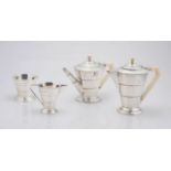 A George V four-piece silver and ivory tea set, Viner's Ltd, London & Sheffield, 1934-1936