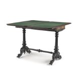 A Victorian ebonised and inlaid birds-eye-maple card table