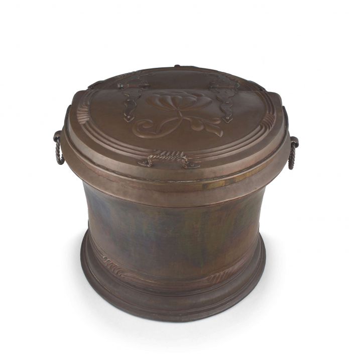 A German copper and steel two-handled covered log bin, 19th century