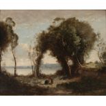 After Jean-Baptiste Camille Corot; Figures in a Wooded River Landscape