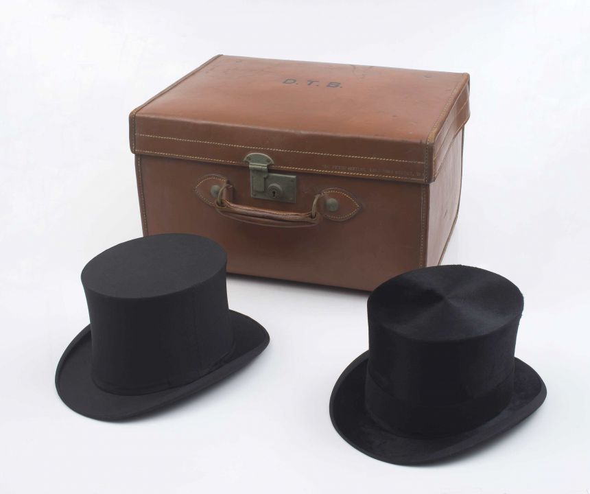 A gentleman's silk top hat, Scott & Co, Piccadilly, and a faille collapsible opera hat, Robert Heath