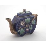 A Staffordshire blue, green, brown and purple crabstock teapot, late 19th/early 20th century