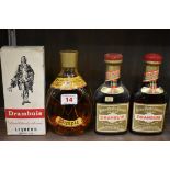 Two 6 fl.oz. bottles of Drambuie, one in card box; together with an old half bottle of Dimple