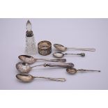 A small group of silver and silver mounted items, to include six various spoons; and a napkin