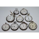 Eight silver cased pocket watches; together with a silver cased fob watch. (9)