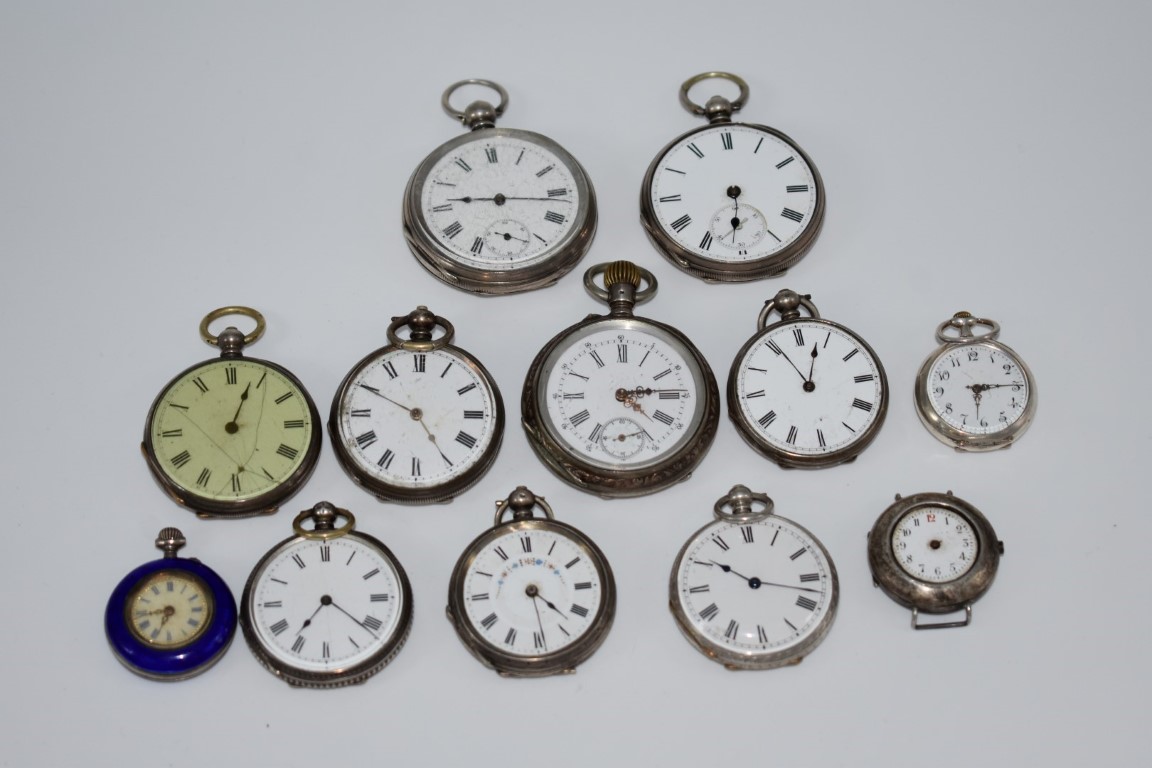 Nine various pocket watches, most stamped fine silver; together with a silver ladies wristwatch; and - Image 2 of 2