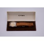 A 1950s Cyma 'Shock Absorber' stainless steel manual wind wristwatch, 34mm, on brown leather