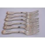 A set of six Victorian silver fiddle, thread and shell pattern table forks, by Benjamin Smith III,