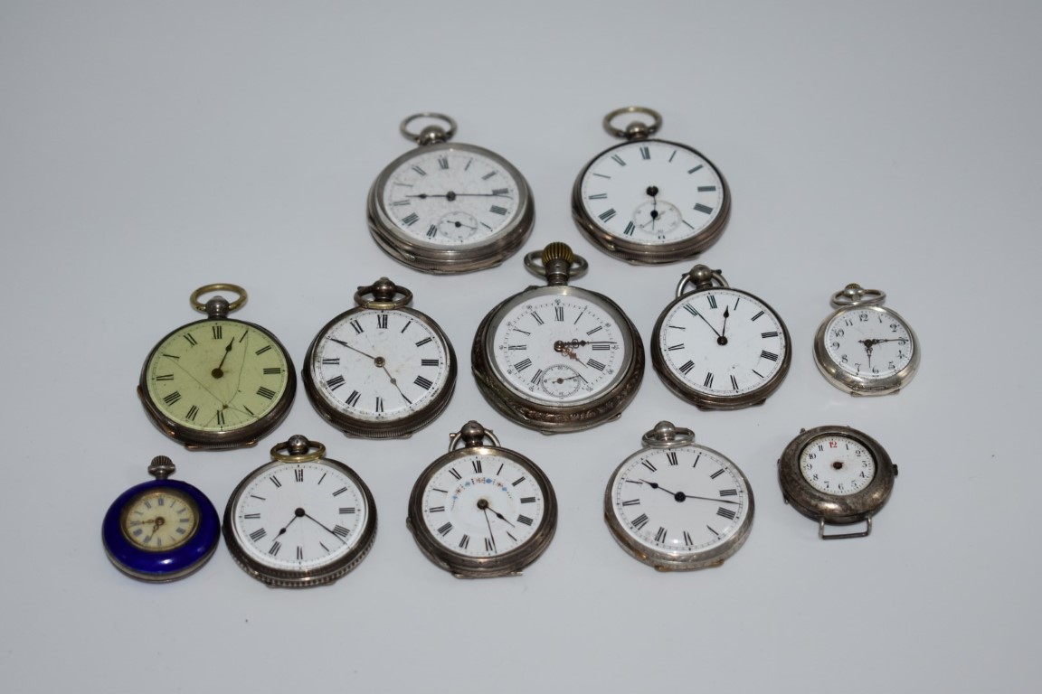 Nine various pocket watches, most stamped fine silver; together with a silver ladies wristwatch; and