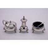 A silver three piece cruet set, by Edward Barnard & Sons Ltd, London 1982, 340.5g.