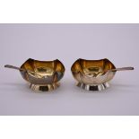 A pair of Victorian silver quatrefoil salts, by Martin, Hall & Co, London 1883, spoons dated 1890,