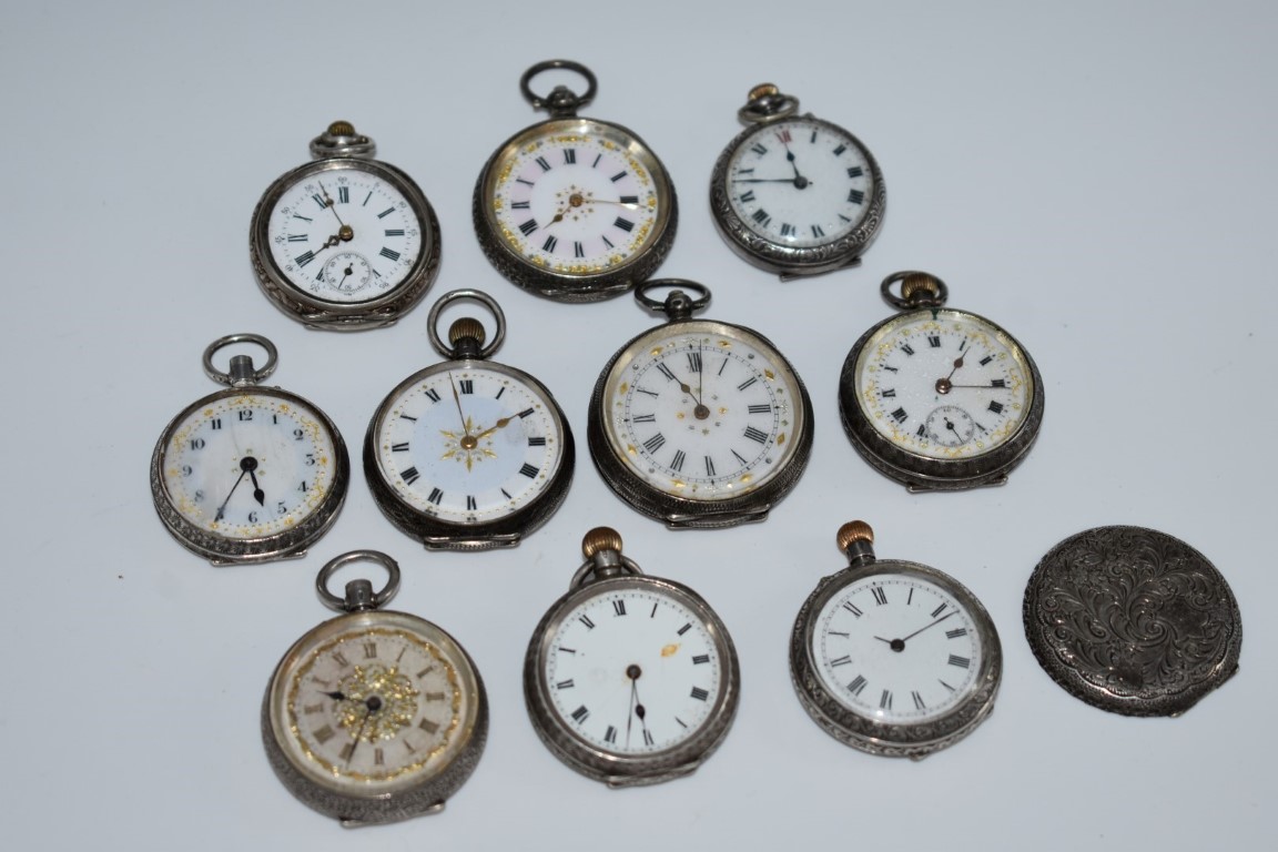 Ten various silver and other fob watches.